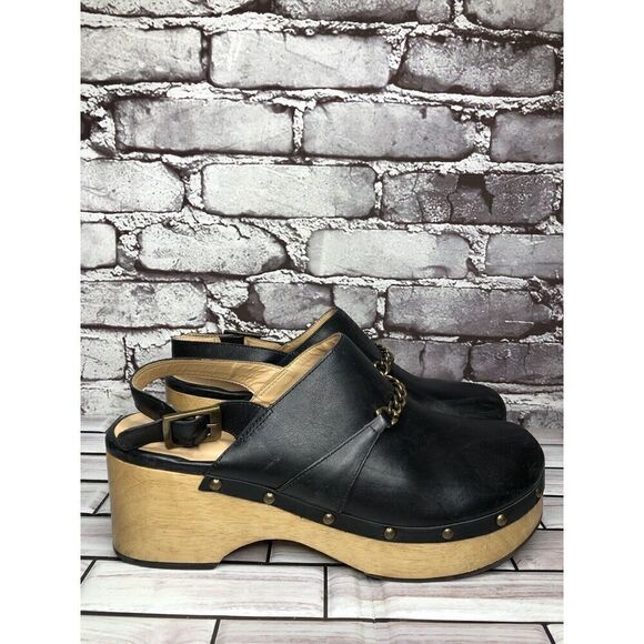 Silent D Georgia Clogs Mules Slingbacks Heeled Black Leather Wood Chain Women 41 - Picture 8 of 16